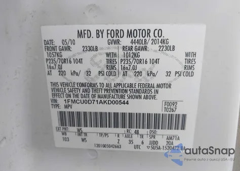 2010 Ford Escape Xlt from USA, damaged, VIN 1FMCU0D71AKD00544